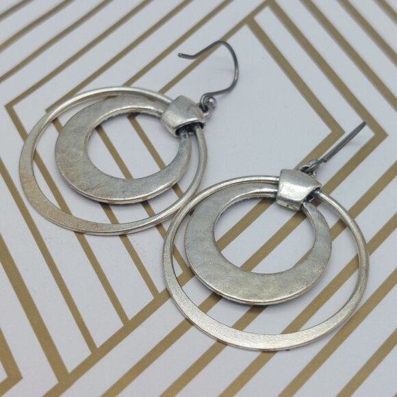 Silver Tone Double Hoop Earrings Marcasite Chip Hook Style 1.25" - Picture 7 of 7